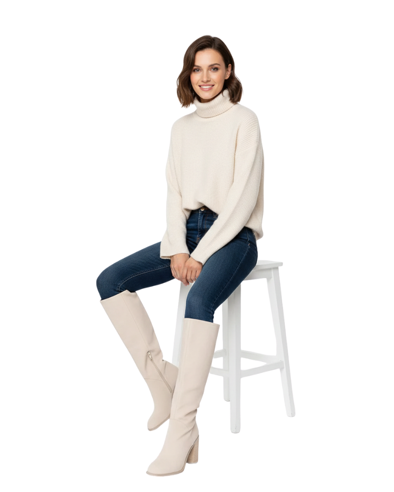 Noemie Women's High Boots Beige – Elegant Comfortable Faux Leather Boots with Slim Fit Cut