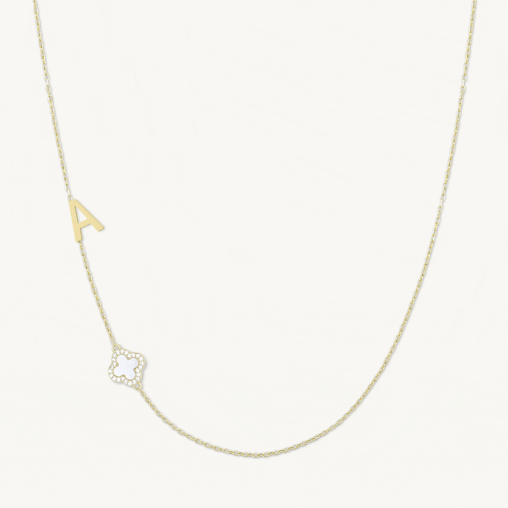 Sideways Single Initial Letter Clover MOP Necklace