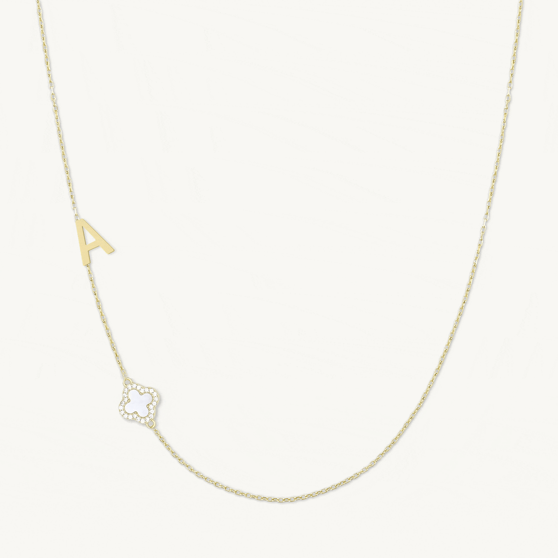 Sideways Single Initial Letter Clover MOP Necklace