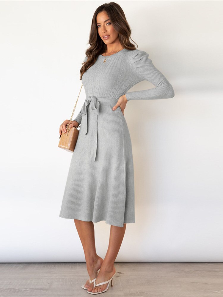 Dominica Midi Dress for Women – Elegant Long Sleeve Dress with Belt & A-Line Cut