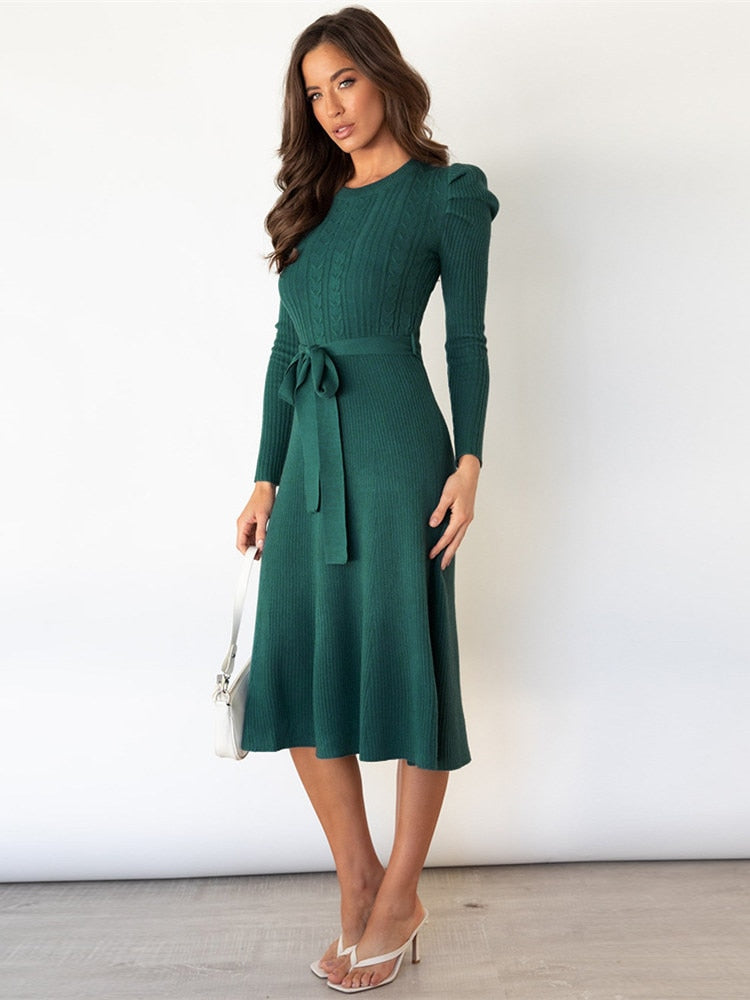 Dominica Midi Dress for Women – Elegant Long Sleeve Dress with Belt & A-Line Cut