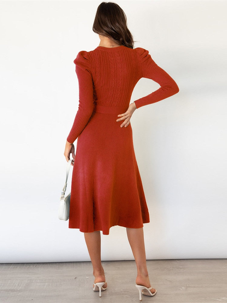 Dominica Midi Dress for Women – Elegant Long Sleeve Dress with Belt & A-Line Cut