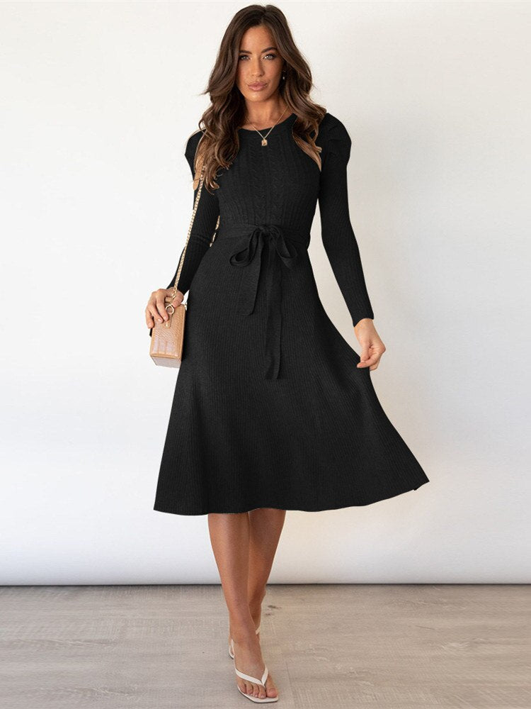 Dominica Midi Dress for Women – Elegant Long Sleeve Dress with Belt & A-Line Cut