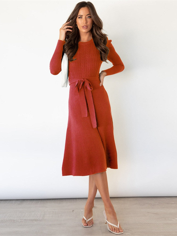 Dominica Midi Dress for Women – Elegant Long Sleeve Dress with Belt & A-Line Cut