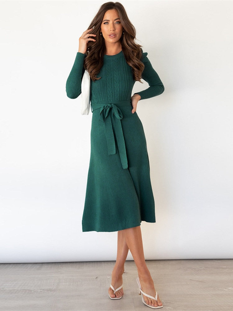 Dominica Midi Dress for Women – Elegant Long Sleeve Dress with Belt & A-Line Cut