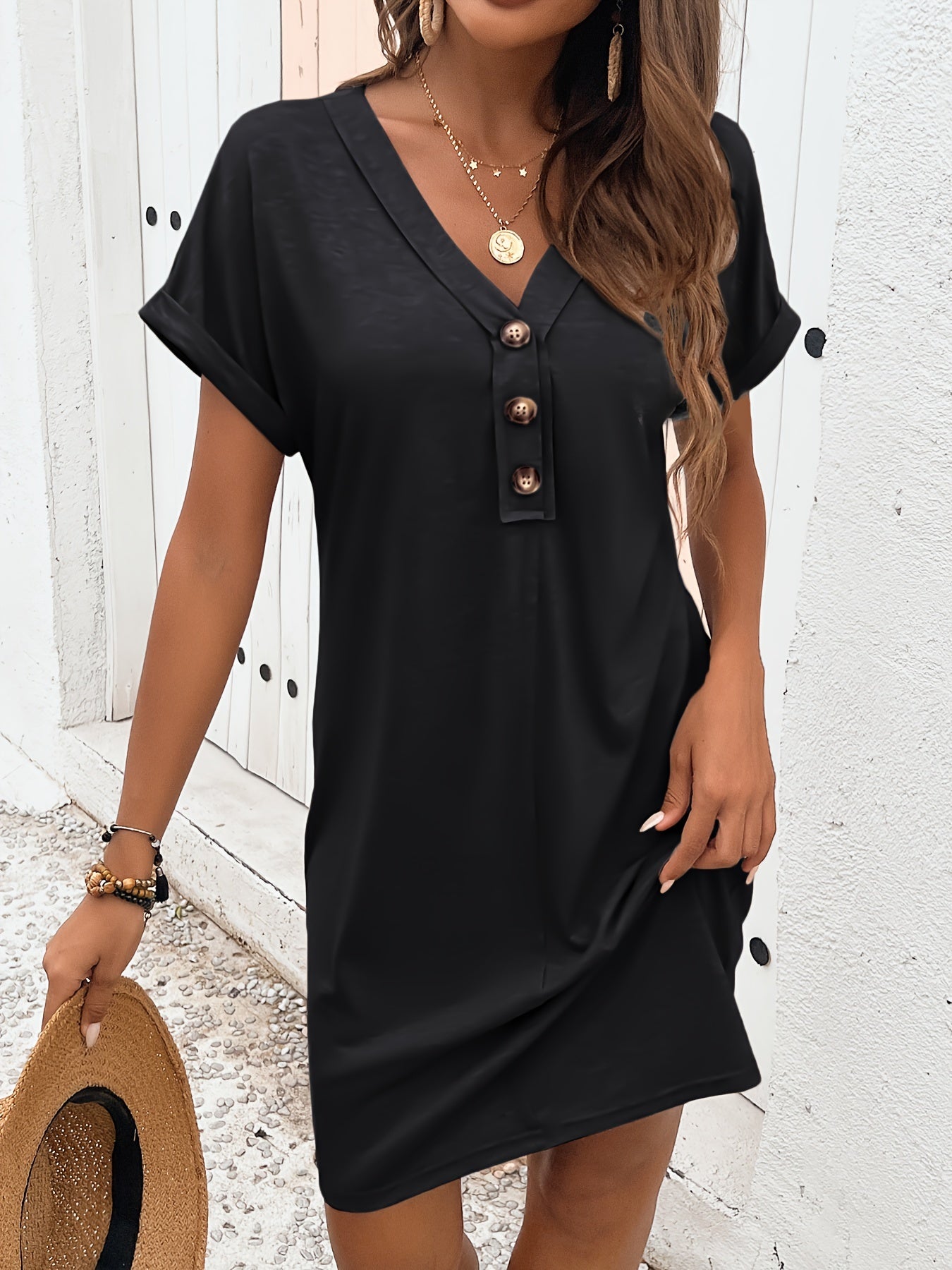 Solessa Women's Mid-Length Dress – Lightweight Summer Dress with Buttons & Elegant Flowing Cut
