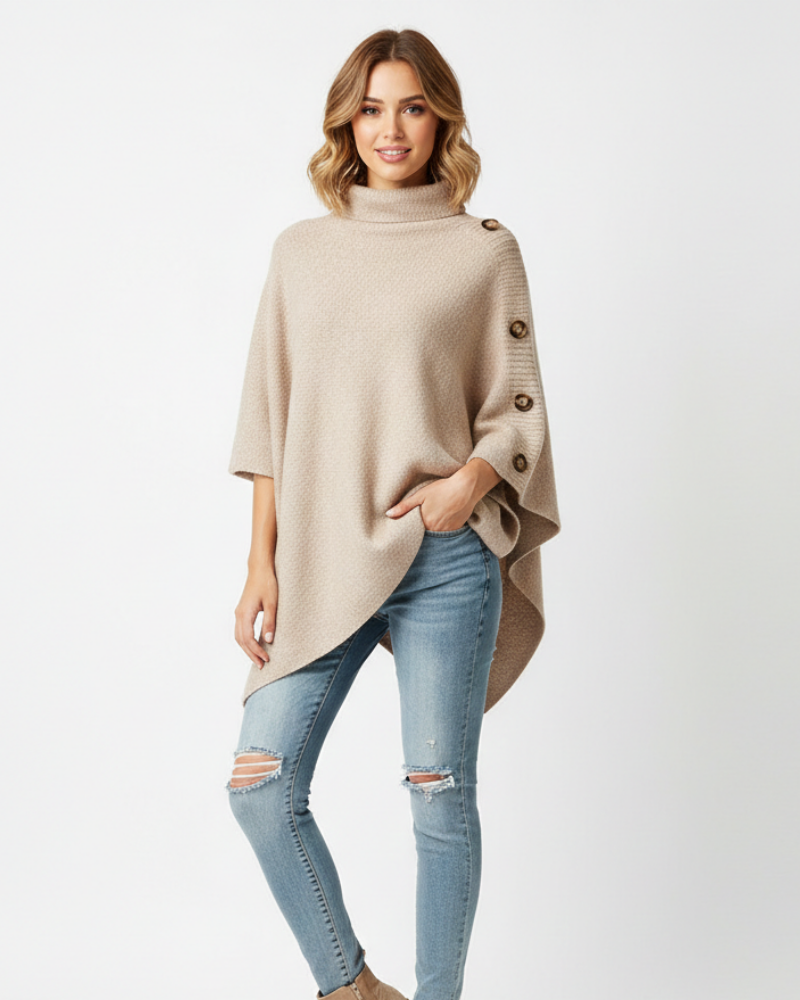 Elayne Women's Wool Poncho – Elegant Oversized Poncho with High Collar & Asymmetric Hem