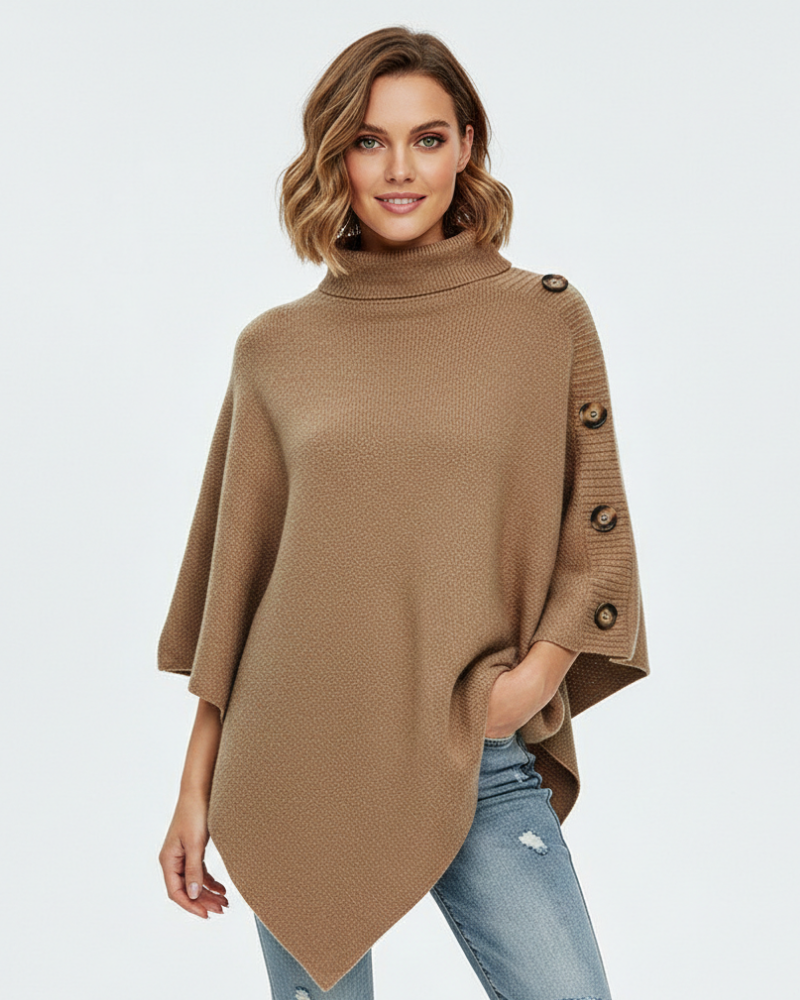 Elayne Women's Wool Poncho – Elegant Oversized Poncho with High Collar & Asymmetric Hem