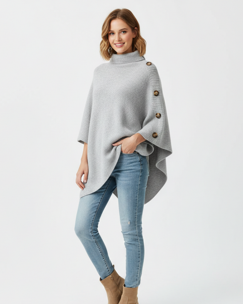 Elayne Women's Wool Poncho – Elegant Oversized Poncho with High Collar & Asymmetric Hem