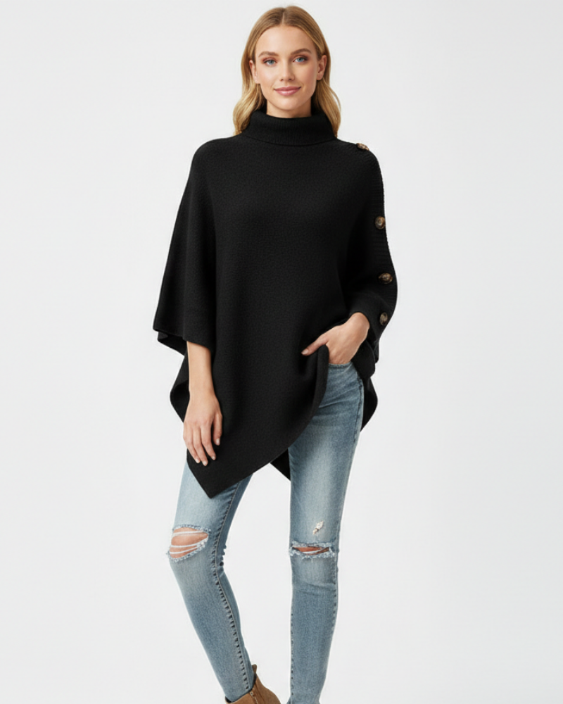 Elayne Women's Wool Poncho – Elegant Oversized Poncho with High Collar & Asymmetric Hem