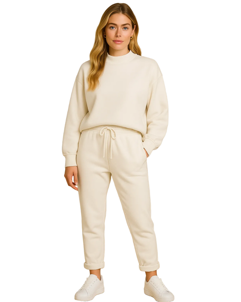 Zephanie Women's Homewear Set – Comfortable Outfit with Round Neck Sweater and High-Waisted Pants
