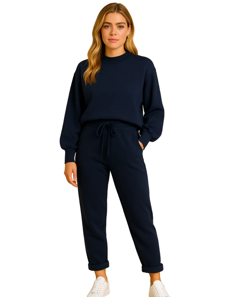 Zephanie Women's Homewear Set – Comfortable Outfit with Round Neck Sweater and High-Waisted Pants