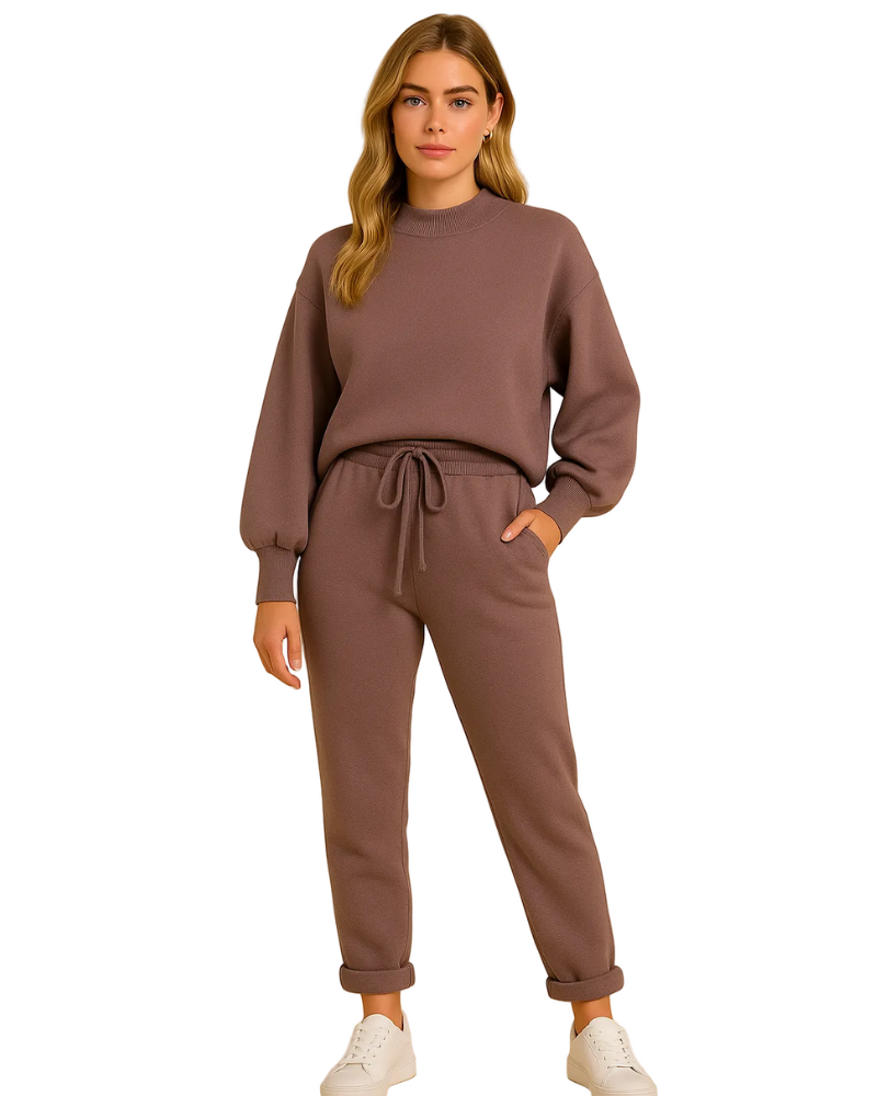 Zephanie Women's Homewear Set – Comfortable Outfit with Round Neck Sweater and High-Waisted Pants