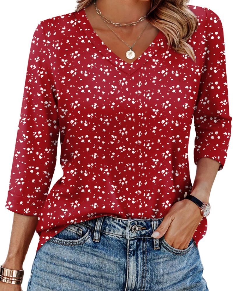 Indie Women's Tunic – V-Neck Top with 3/4 Sleeves, Loose Fit, Basic & Comfortable