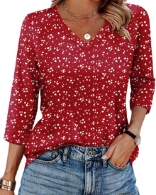 Indie Women's Tunic – V-Neck Top with 3/4 Sleeves, Loose Fit, Basic & Comfortable