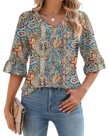 Alina Women's Tunic – V-Neck Top with 3/4 Sleeves, Ruffles & Elegant Flowing Cut