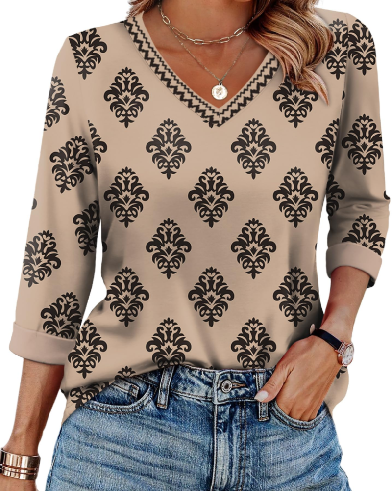 Indie Women's Tunic – V-Neck Top with 3/4 Sleeves, Loose Fit, Basic & Comfortable