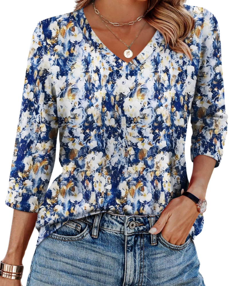 Indie Women's Tunic – V-Neck Top with 3/4 Sleeves, Loose Fit, Basic & Comfortable