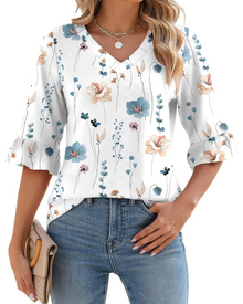Alina Women's Tunic – V-Neck Top with 3/4 Sleeves, Ruffles & Elegant Flowing Cut