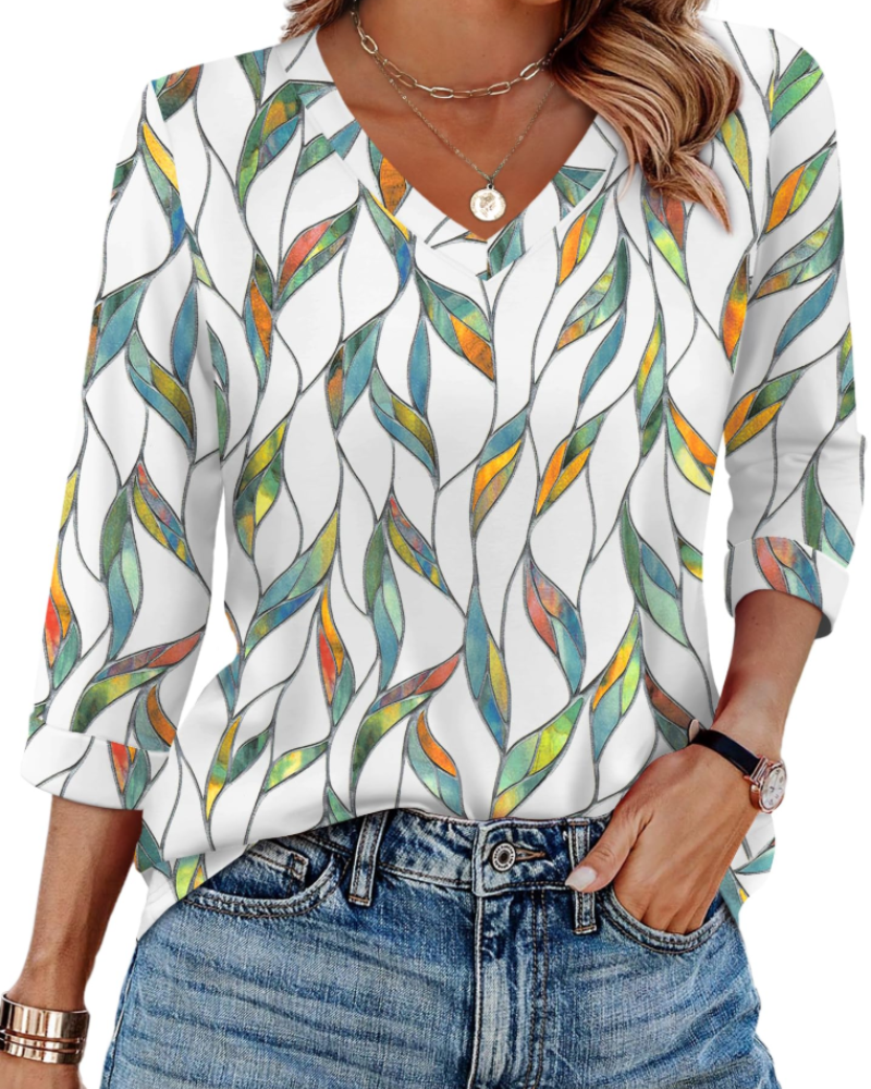 Indie Women's Tunic – V-Neck Top with 3/4 Sleeves, Loose Fit, Basic & Comfortable