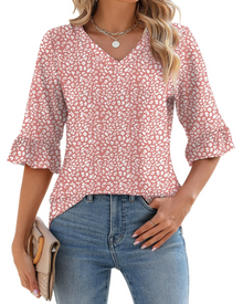 Alina Women's Tunic – V-Neck Top with 3/4 Sleeves, Ruffles & Elegant Flowing Cut