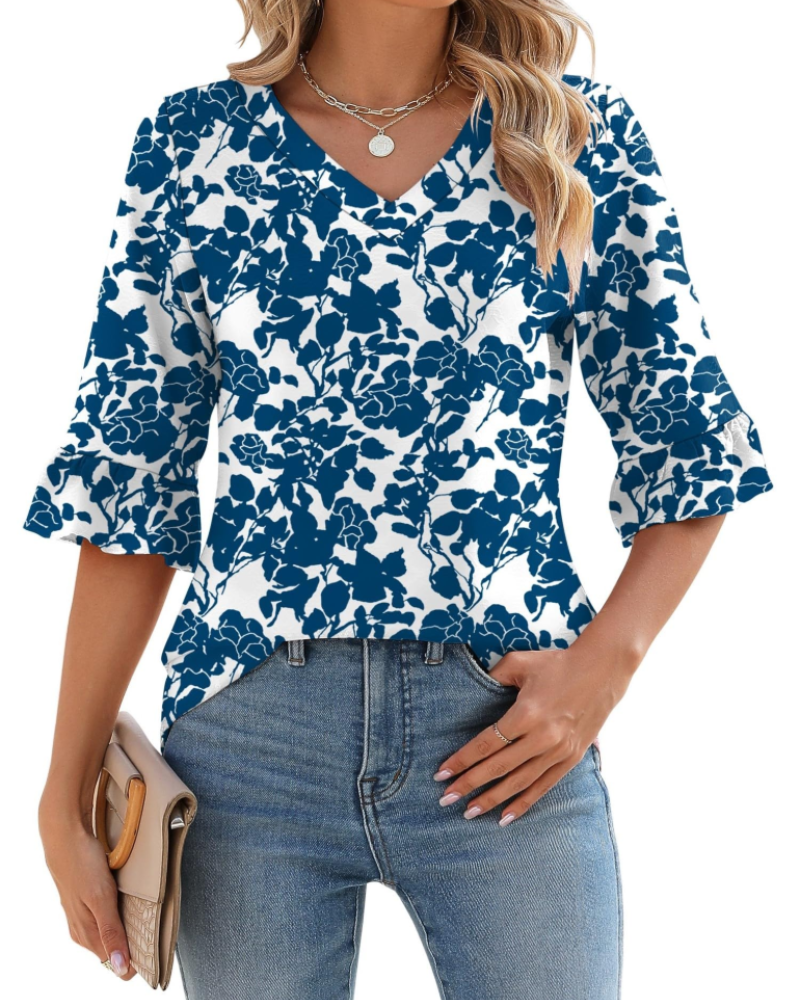 Alina Women's Tunic – V-Neck Top with 3/4 Sleeves, Ruffles & Elegant Flowing Cut