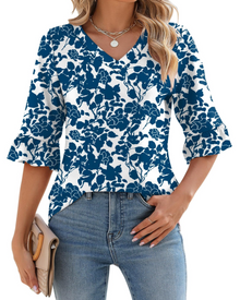 Alina Women's Tunic – V-Neck Top with 3/4 Sleeves, Ruffles & Elegant Flowing Cut