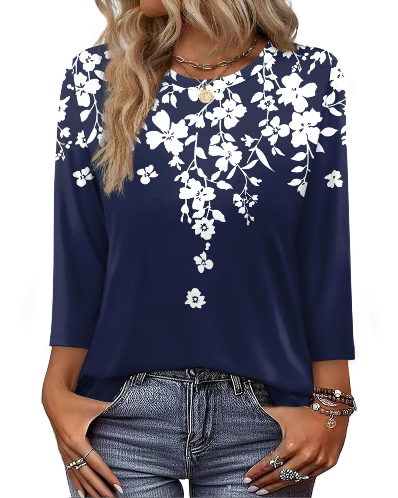 Indie Women's Tunic – V-Neck Top with 3/4 Sleeves, Loose Fit, Basic & Comfortable