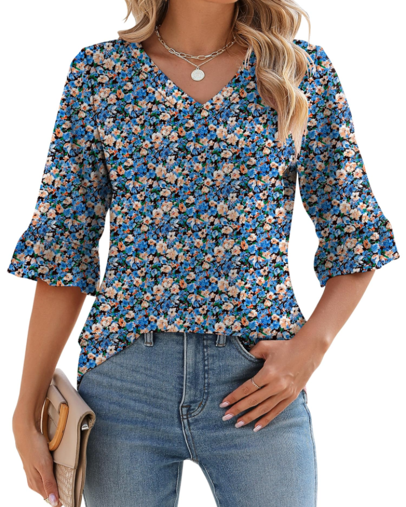 Alina Women's Tunic – V-Neck Top with 3/4 Sleeves, Ruffles & Elegant Flowing Cut