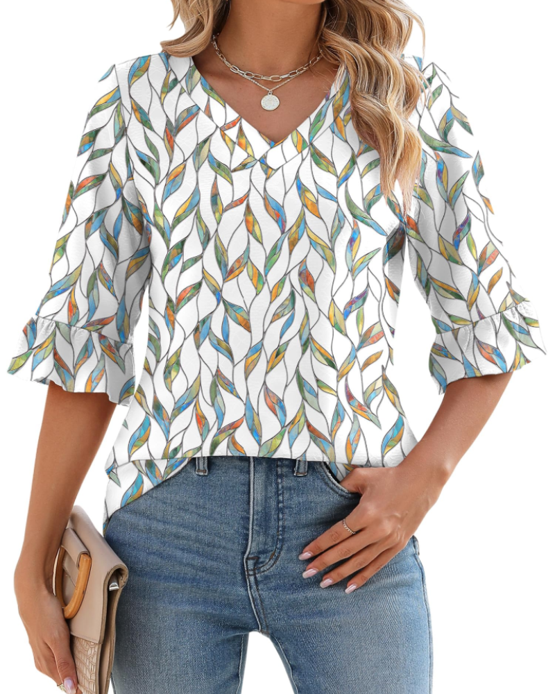Alina Women's Tunic – V-Neck Top with 3/4 Sleeves, Ruffles & Elegant Flowing Cut