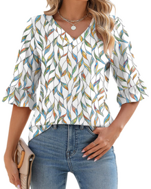 Alina Women's Tunic – V-Neck Top with 3/4 Sleeves, Ruffles & Elegant Flowing Cut