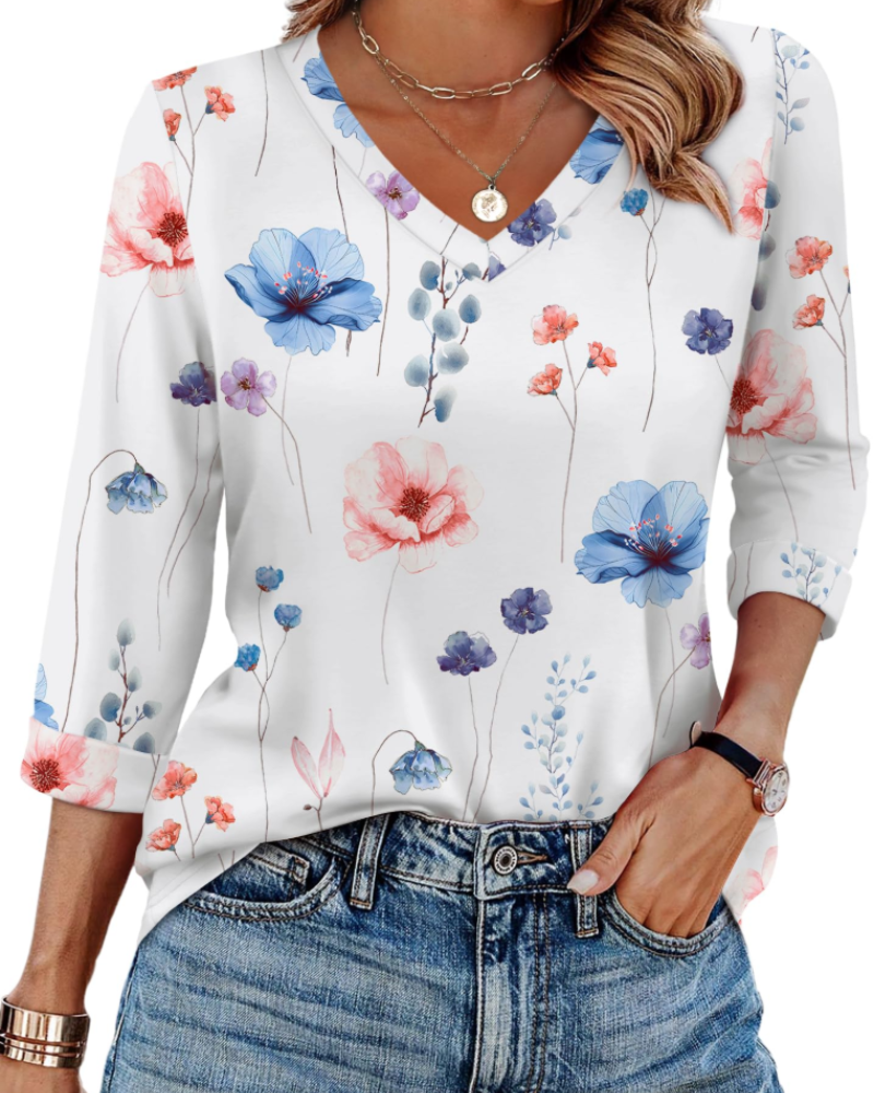 Indie Women's Tunic – V-Neck Top with 3/4 Sleeves, Loose Fit, Basic & Comfortable