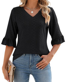 Alina Women's Tunic – V-Neck Top with 3/4 Sleeves, Ruffles & Elegant Flowing Cut