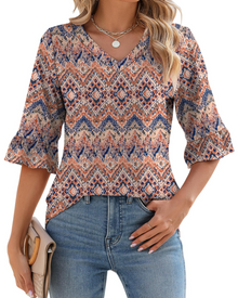 Alina Women's Tunic – V-Neck Top with 3/4 Sleeves, Ruffles & Elegant Flowing Cut