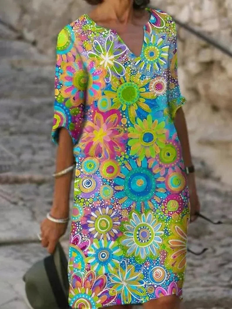Brianna Robe Bohemian Woman – Summer Dress with Floral Pattern with Fluid Cut & Chic Casual Style