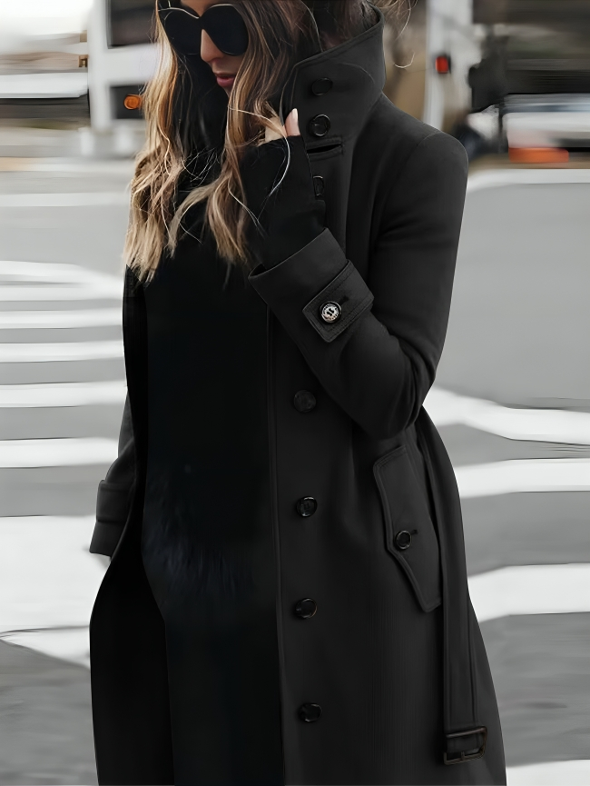 Mhel Trenchcoat Femme – Elegant Coat with High Collar & Flattering Waist Belt