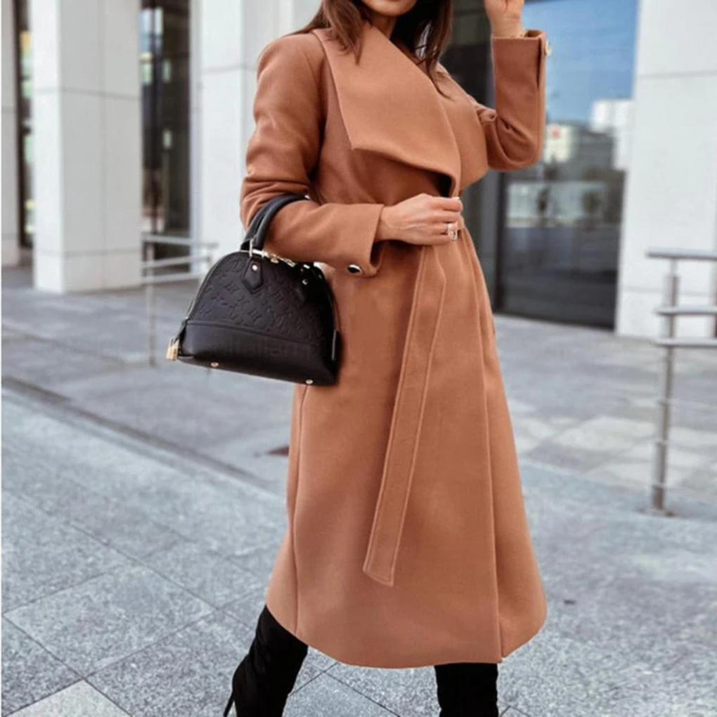 Carmen Long Wool Blend Coat for Women – Elegant Oversize Collar & Soft Textured Fabric