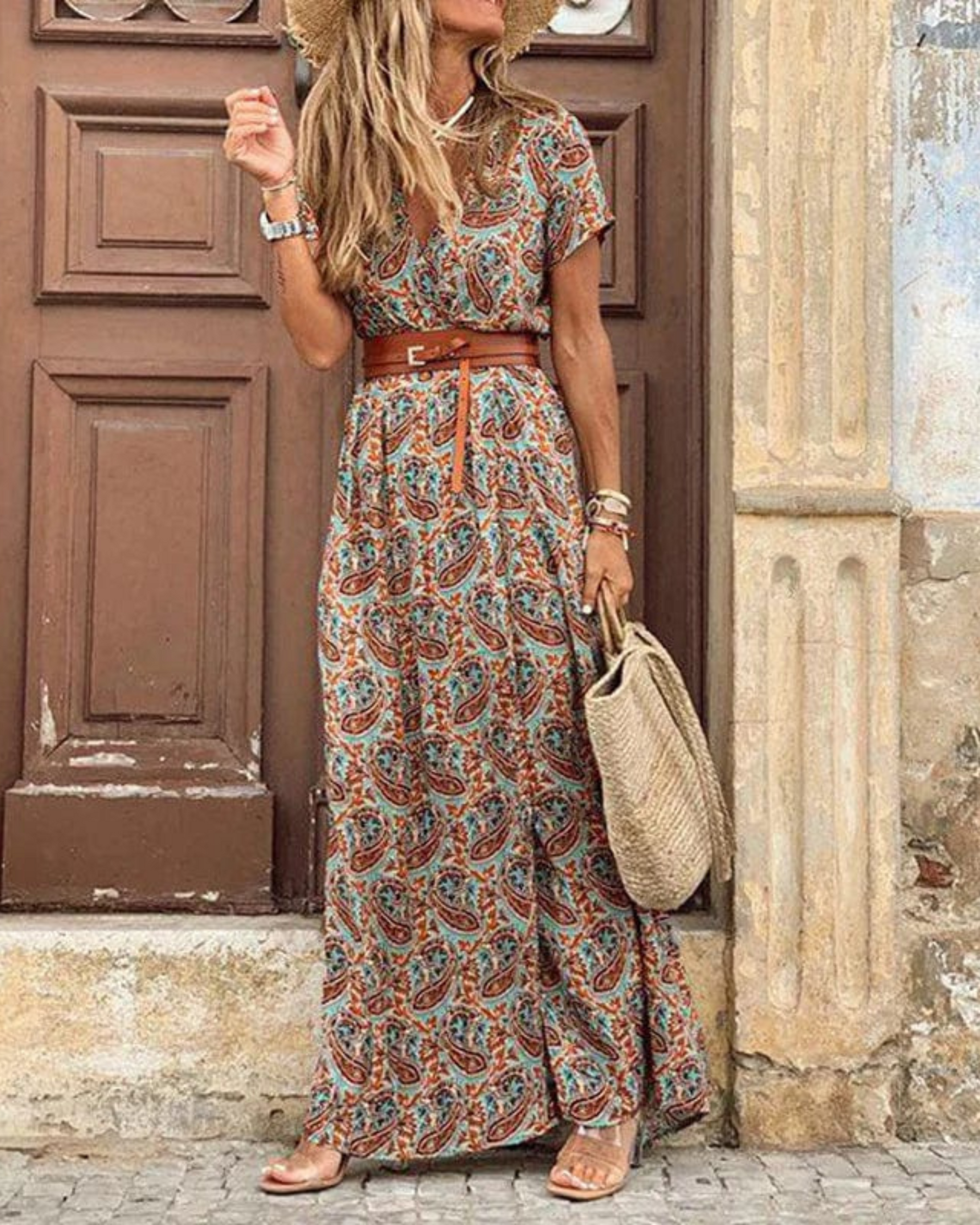 Robe Longue Femme Sanne – Bohemian Summer Dress with Ibiza Print, V-Neck & Elastic Waist