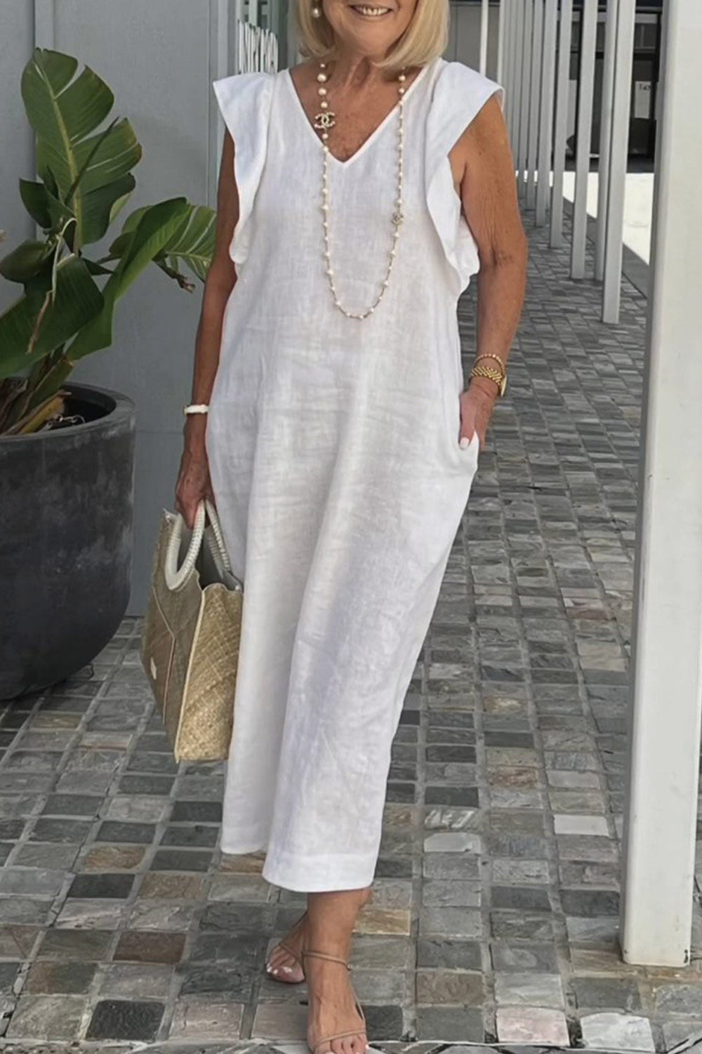 Linen Dress Women Elise – Midi Dress Sleeveless with V Neck & Ruffles