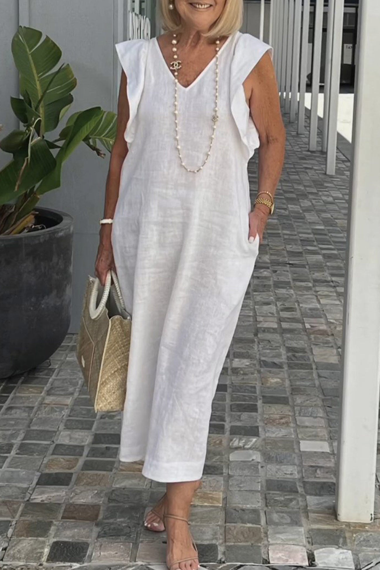 Linen Dress Women Elise – Midi Dress Sleeveless with V Neck & Ruffles