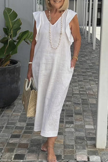 Linen Dress Women Elise – Midi Dress Sleeveless with V Neck & Ruffles