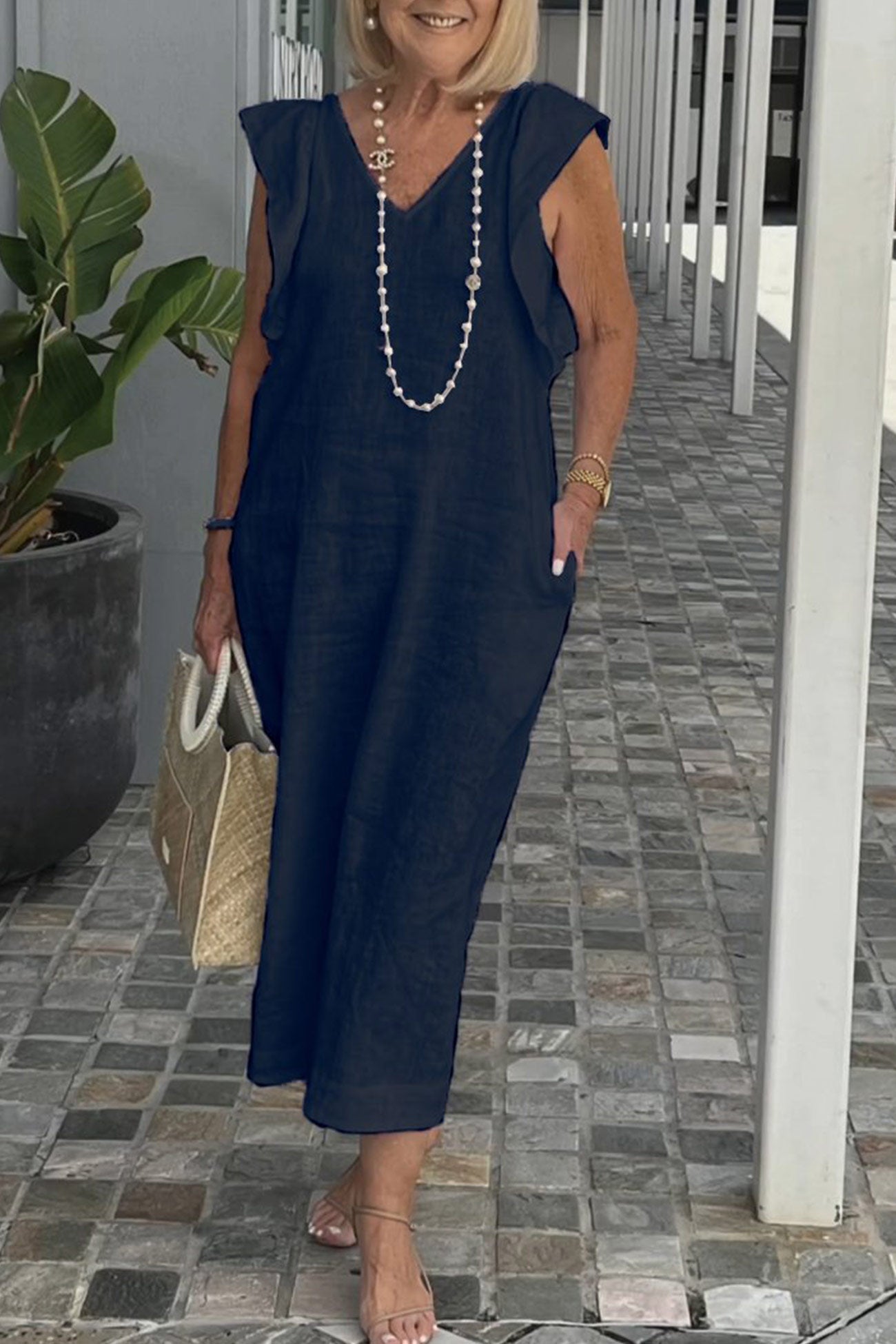 Linen Dress Women Elise – Midi Dress Sleeveless with V Neck & Ruffles