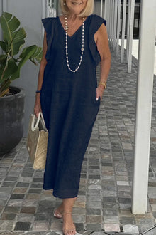 Linen Dress Women Elise – Midi Dress Sleeveless with V Neck & Ruffles