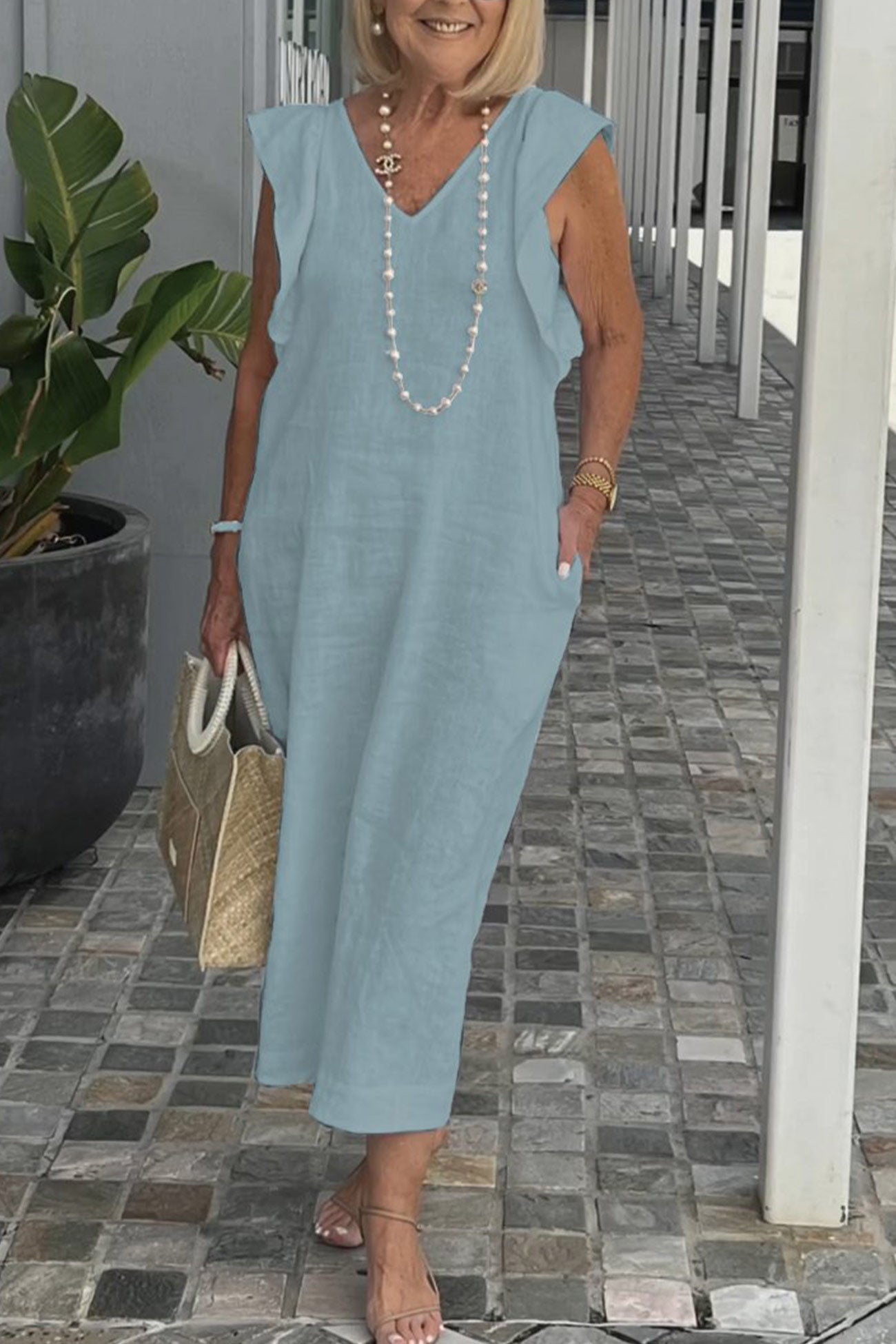Linen Dress Women Elise – Midi Dress Sleeveless with V Neck & Ruffles