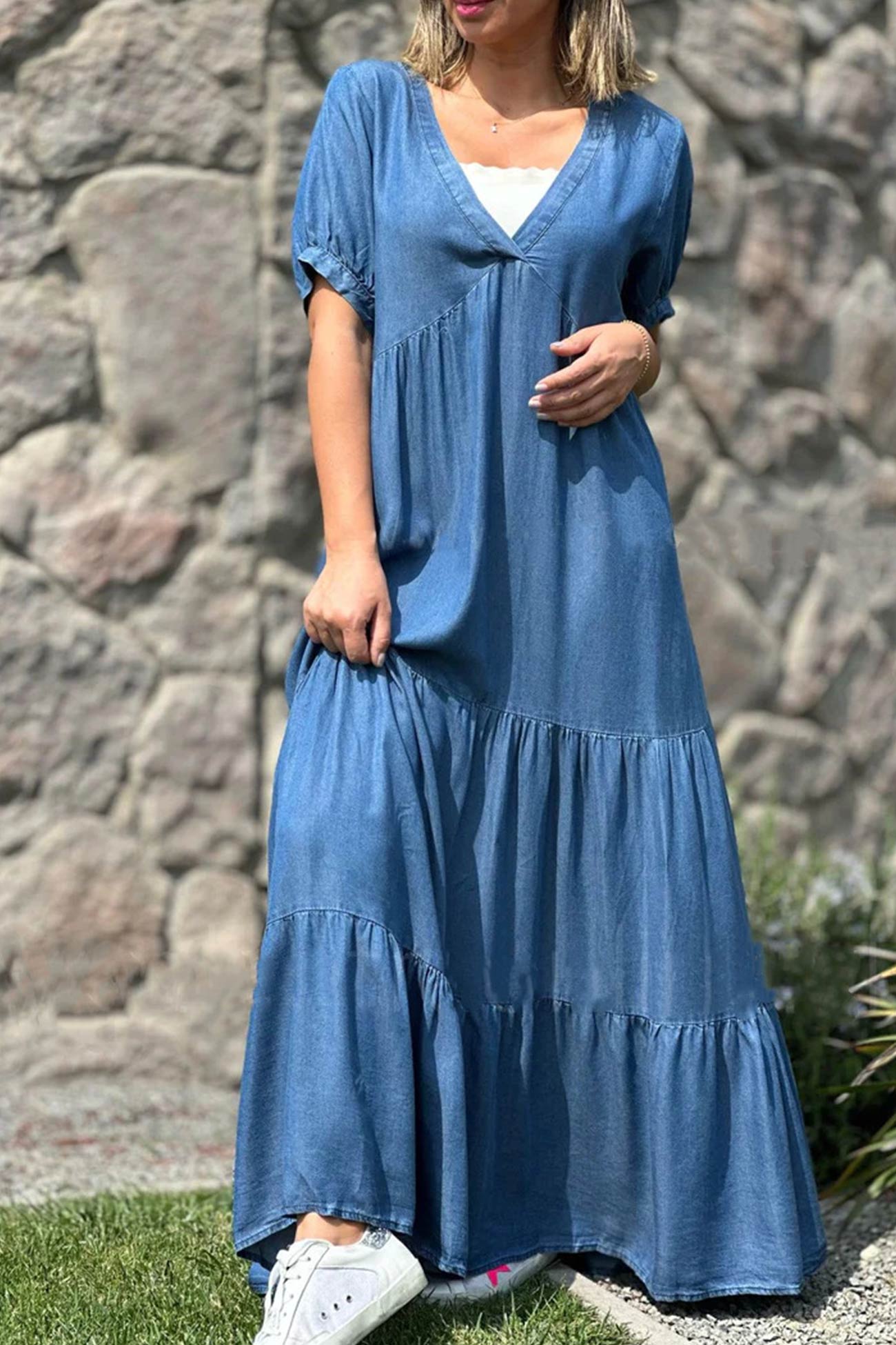 Summer Dress Women Via – Short Sleeve Dress with V-Neck & Layered Effect in Denim