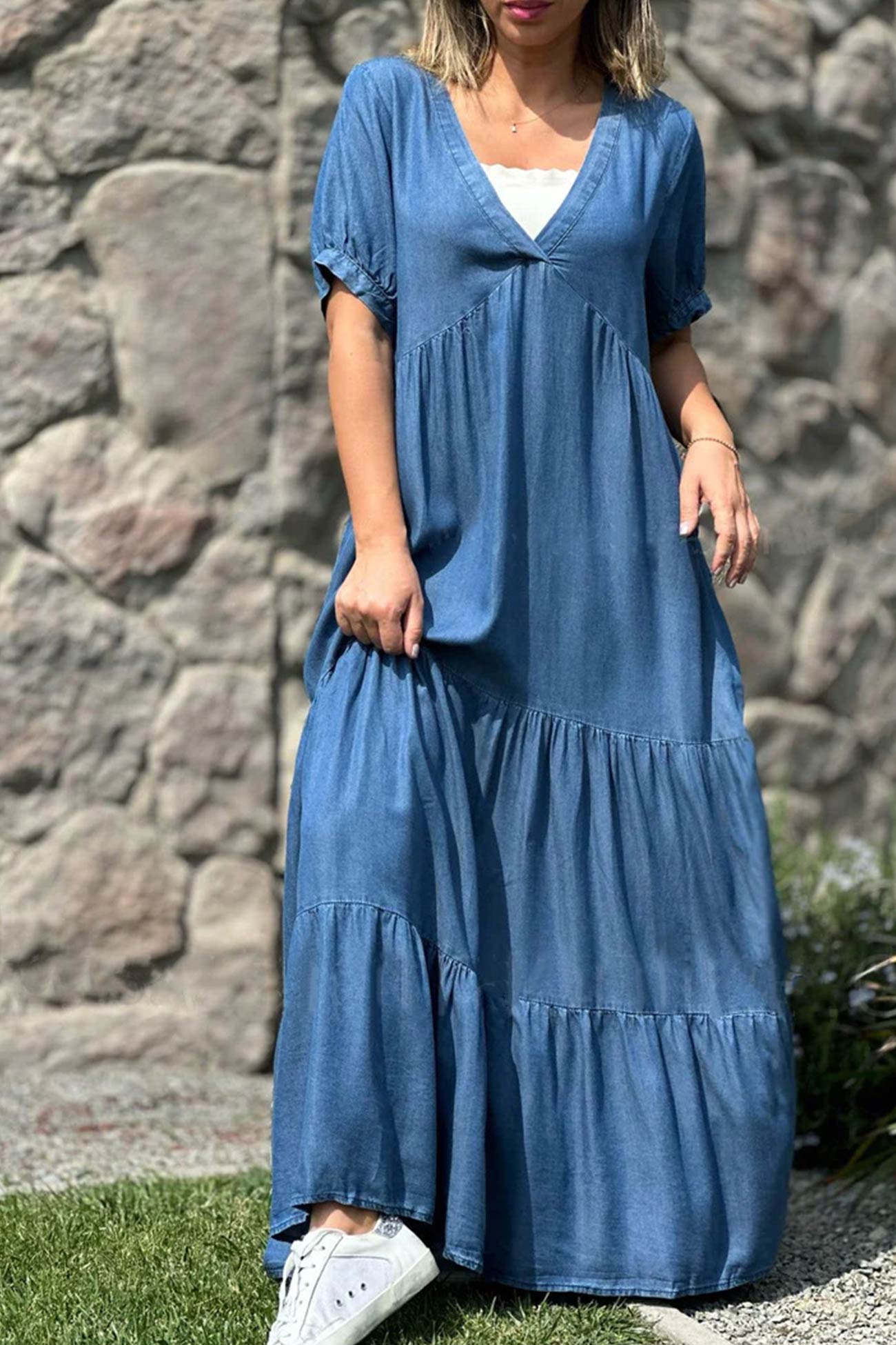 Summer Dress Women Via – Short Sleeve Dress with V-Neck & Layered Effect in Denim
