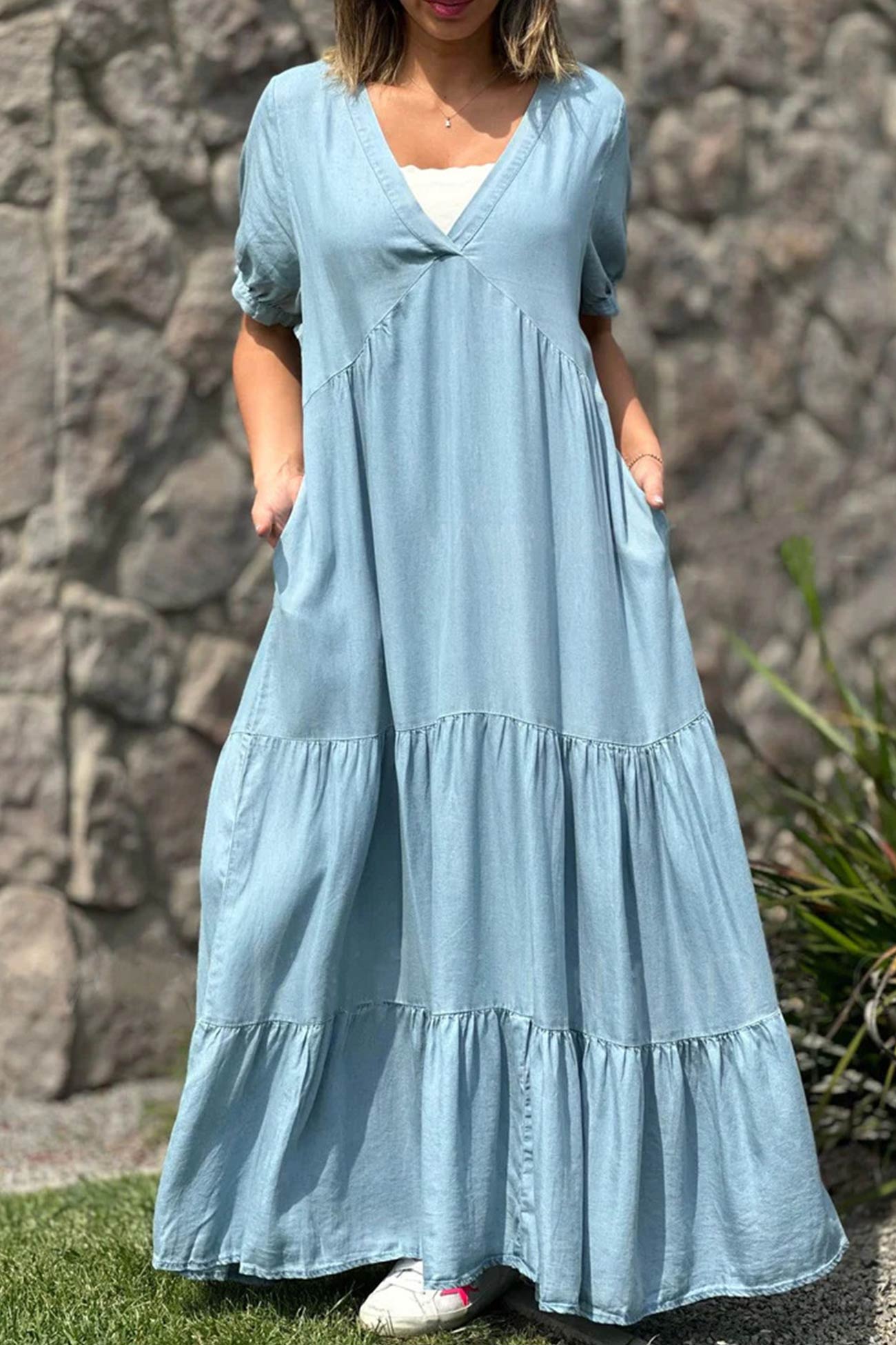 Summer Dress Women Via – Short Sleeve Dress with V-Neck & Layered Effect in Denim