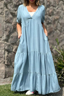 Summer Dress Women Via – Short Sleeve Dress with V-Neck & Layered Effect in Denim