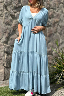 Summer Dress Women Via – Short Sleeve Dress with V-Neck & Layered Effect in Denim