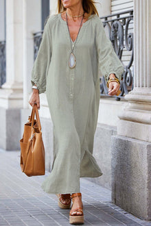 Dress Woman Veanna – Elegant Long Sleeve Dress with V Neck & Buttoning